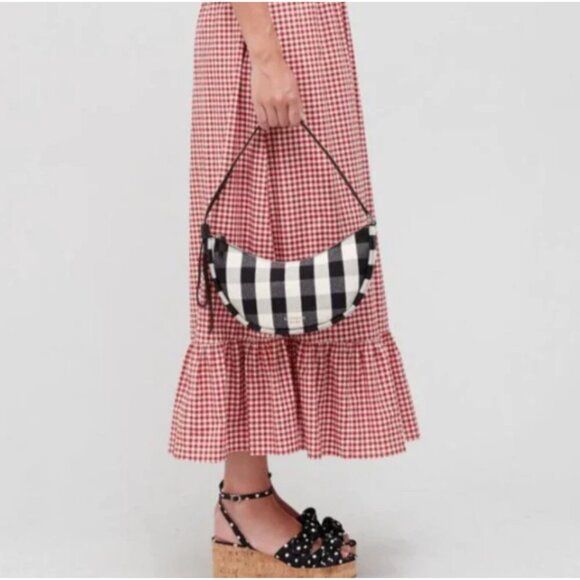 Kate Spade Smile Shoulder Bag Black Gingham Small Leather Fabric Zip Top White - Picture 4 of 9